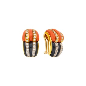 Pair of Gold, Coral, Black Onyx and Diamond Bombé Earclips