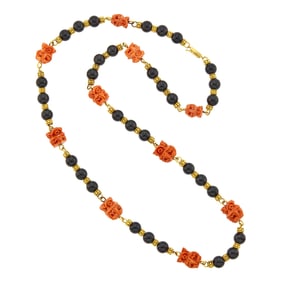 Long Gold, Carved Coral and Black Onyx Bead Necklace