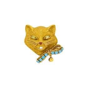 Fred Paris Gold, Peridot, Turquoise and Coral Cat Clip-Brooch