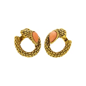 Boucheron Paris Pair of Gold and Angel Skin Coral Hoop Earclips