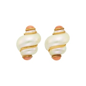 Maz Pair of Gold, Shell and Angel Skin Coral Earclips