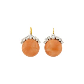Pair of Gold, Angel Skin Coral and Diamond Earrings