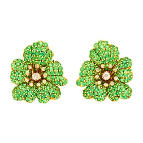 Pair of Gold, Green Garnet and Diamond Flower Earclips