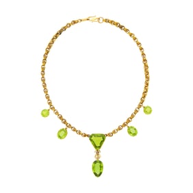 Antique Gold, Peridot and White Enamel Bow Pendant-Necklace