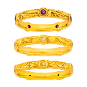 Three Antique Gold and Gem-Set Bangle Bracelets