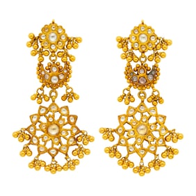 Pair of Indian Gold and Foil-Backed White Sapphire Pendant-Earrings