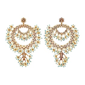 Fred Leighton Pair of Gold, Foil-Backed Diamond, Freshwater Pearl and Turquoise Glass Bead