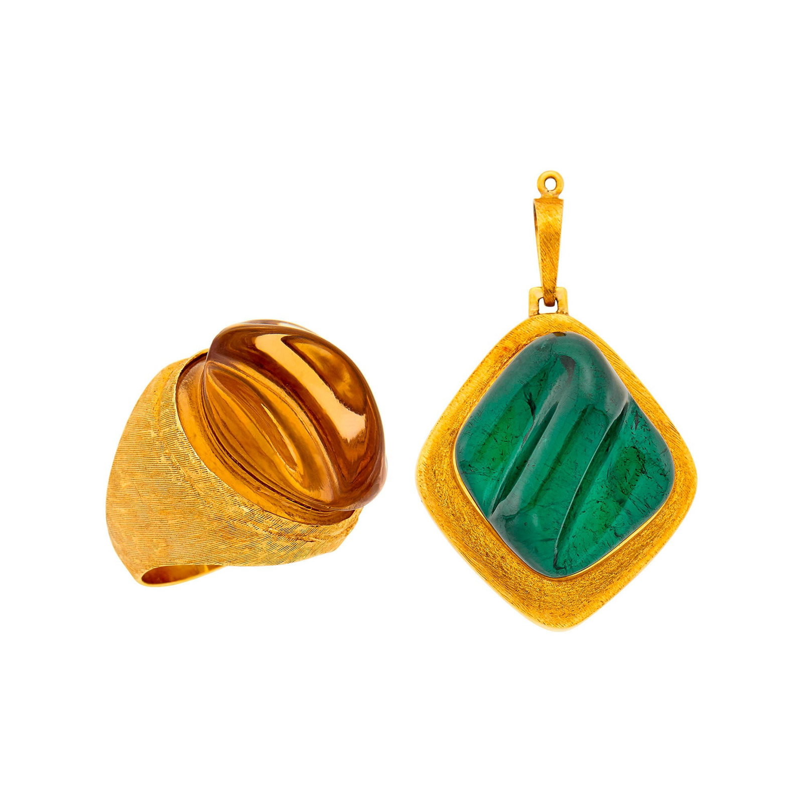Burle Marx Gold and Carved Cabochon Green Tourmaline Pendant and Citrine Ring: 18 and 14 kt., one modified carved cabochon green tourmaline ap. 23.5 x 21.2 x 12.0 mm., one modified carved cabochon citrine ap. 22.8 x 22.7 x 13.8 mm., both signed Burle Marx, ap. 22.2 dwts. Size 6 