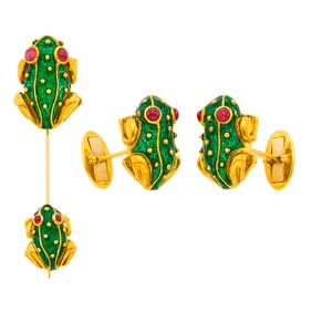 Hidalgo Pair of Gold, Green Enamel and Cabochon Ruby Frog Cufflinks and Jabot