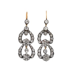 Pair of Silver, Gold and Diamond Pendant-Earrings