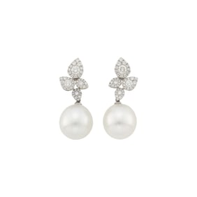 Pair of White Gold, South Sea Cultured Pearl and Diamond Pendant-Earrings