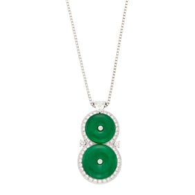 White Gold, Jade and Diamond Pendant with Chain Necklace