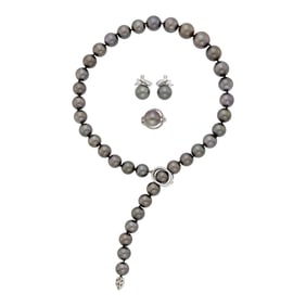 Tahitian Gray Cultured Pearl Necklace with White Gold and Diamond Slide Clasp, Pair of Earrings and
