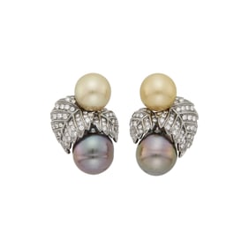 Pair of Blackened Gold, Golden and Tahitian Gray Cultured Pearl and Diamond Earclips