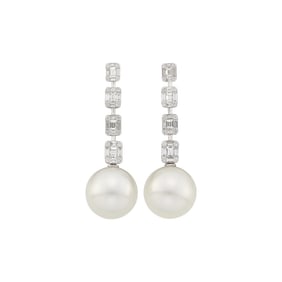 Pair of White Gold, South Sea Cultured Pearl and Diamond Pendant-Earrings
