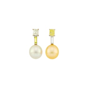 Pair of White Gold, Diamond, Colored Diamond, South Sea and Golden Cultured Pearl Pendant-Earrings