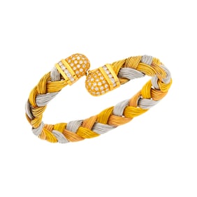 Tricolor Braided Gold and Diamond Bangle Bracelet