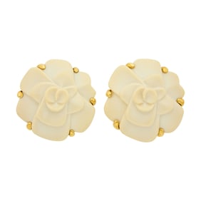 Chanel Pair of Gold and Carved Cream Agate 'Camellia' Flower Earclips, France