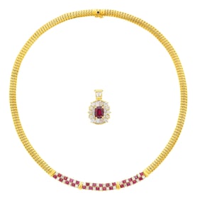 Gold, Ruby and Diamond Necklace, France, and Enhancer