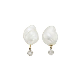 Pair of Two-Color Gold, Baroque South Sea Cultured Pearl and Diamond Pendant-Earclips, France