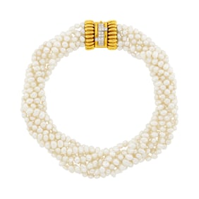 Seven Strand Freshwater Pearl Torsade Necklace with Gold and Diamond Clasp