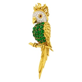 Gold, Platinum, Cabochon Emerald, Diamond and Ruby Cockatoo Clip-Brooch