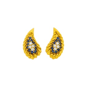 Tiffany & Co. Pair of Gold, Diamond and Sapphire Earclips