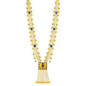 Triple Strand Long Gold and Lapis Pendant Fringe Necklace, France