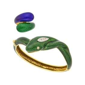 Gold, Green Enamel and Diamond Snake Bangle Bracelet and Blue and Green Enamel Bombé Bypass