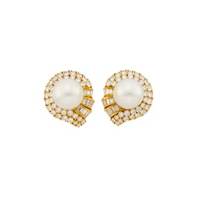 Pair of Gold, Cultured Pearl and Diamond Earclips