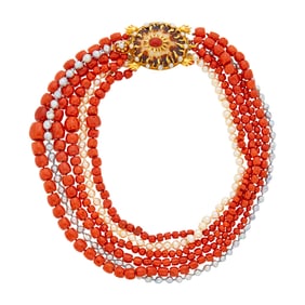Tony Duquette Six Strand Coral Bead and Baroque Bicolor Cultured Pearl Necklace with Shell, Coral