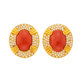 Pair of Gold, Coral and Diamond Earclips