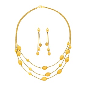 Triple Strand Gold Bead Chain Necklace and Pair of Pendant-Earrings