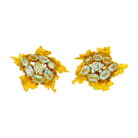 Pair of Gold and Aquamarine Earclips