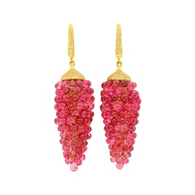 Pair of Gold, Pink Spinel Bead and Diamond Grape Cluster Pendant-Earrings