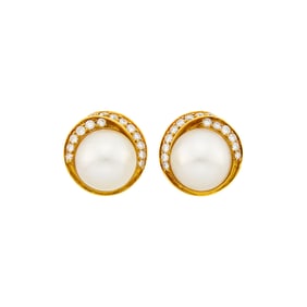 Pair of Gold, Mabé Pearl and Diamond Earclips