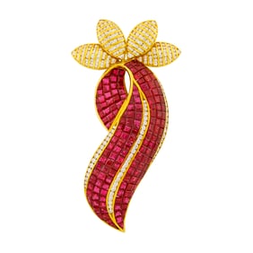 Gold, Invisibly-Set Ruby and Diamond Clip-Brooch