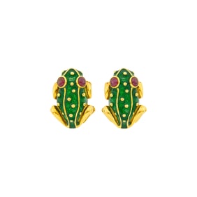 Hidalgo Pair of Gold, Green Enamel and Cabochon Ruby Frog Earrings