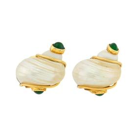 Seaman Schepps Pair of Gold, Shell and Green Onyx 'Turbo Shell' Earclips