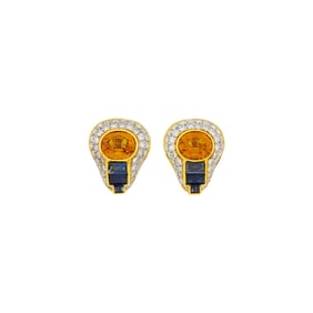 Pair of Two-Color Gold, Orange Sapphire, Sapphire and Diamond Earclips