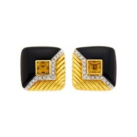 Pair of Gold, Citrine, Black Onyx and Diamond Earrings
