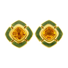De Vroomen Pair of Gold, Cabochon Citrine and Green Enamel Earrings