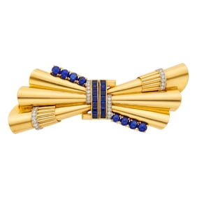 Gold, Platinum, Sapphire and Diamond Double Clip-Brooch