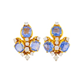 Pair of Two-Color Gold, Sapphire and Diamond Earclips
