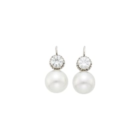 Pair of Platinum, Cultured Pearl and Diamond Pendant-Earrings