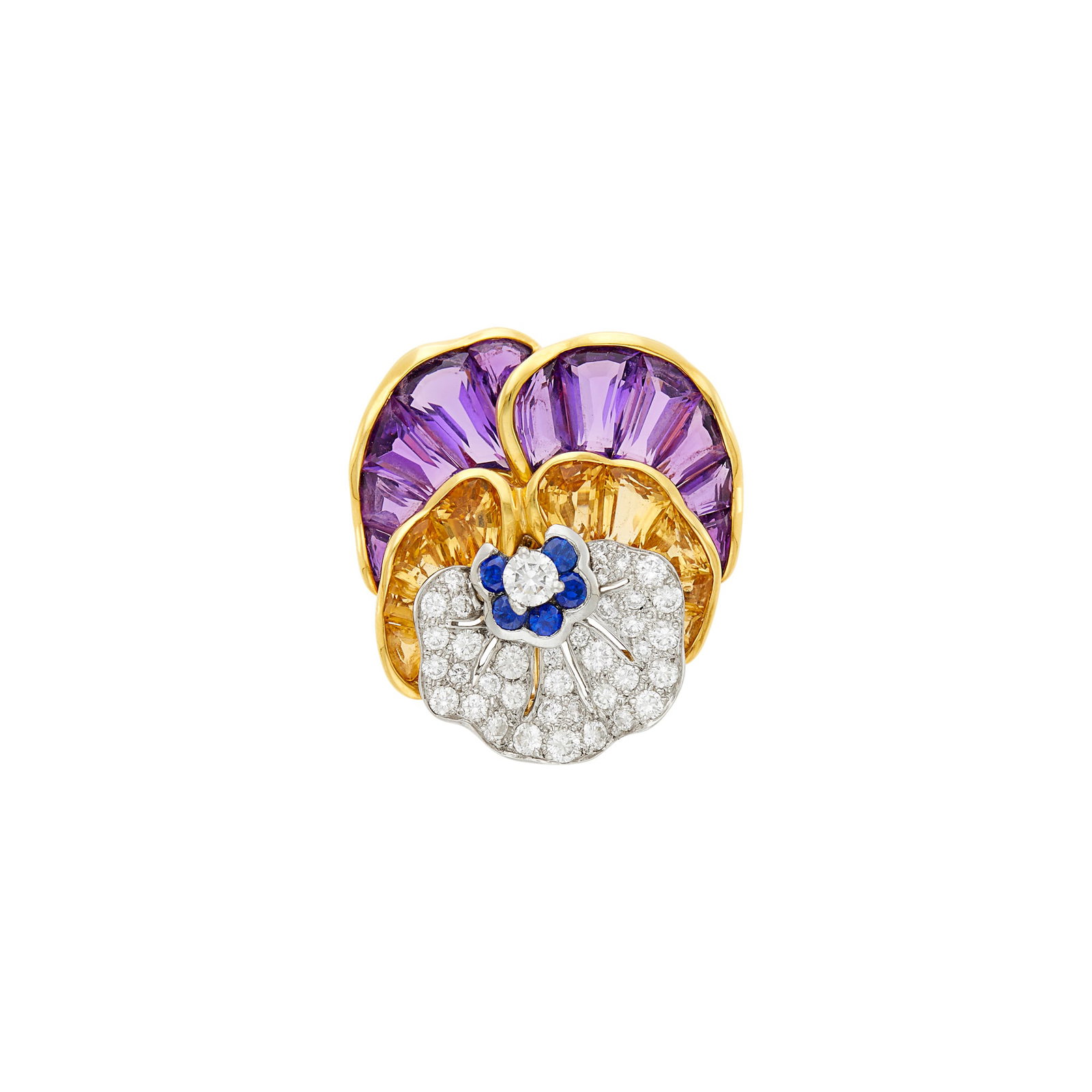 Oscar Heyman & Brothers Gold, Platinum, Amethyst, Citrine and Diamond Pansy Single Earclip: 18 kt., one round diamond ap. .25 ct., 37 round diamonds ap. 1.10 cts., 5 round sapphires, fancy-shaped citrines and amethysts, with maker's mark, no. 706235, ap. 9.5 dwts/ Diamonds: G-H-VS.
