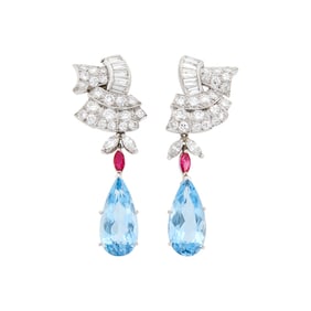 Pair of Platinum, Diamond, Ruby and Aquamarine Pendant-Earrings