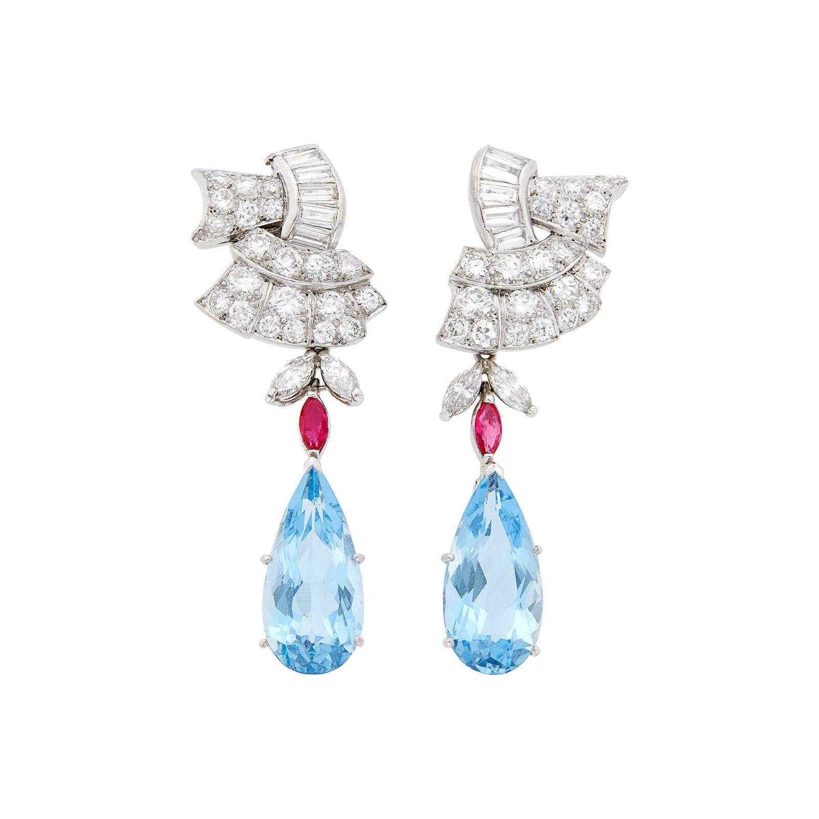 Pair of Platinum, Diamond, Ruby and Aquamarine Pendant-Earrings: 42 old European-cut, 10 baguette and 4 marquise-shaped diamonds ap. 3.90 cts., 2 pear-shaped aquamarines ap. 11.00 cts., 2 marquise-shaped rubies, pendants detachable, ap. 11.7 dwts. With GIA report n