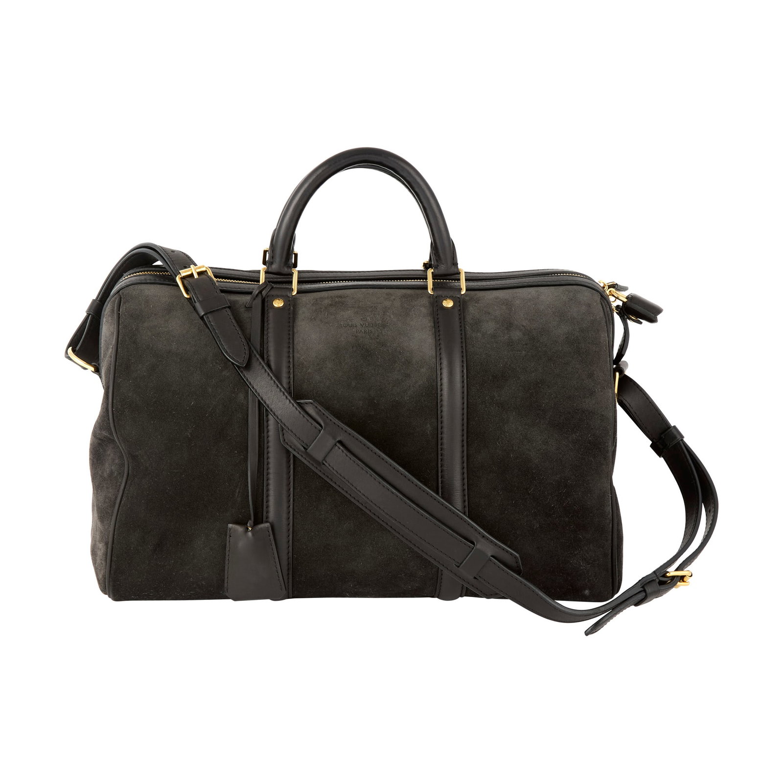 Louis Vuitton Dark Gray Suede 'Sofia Coppola' Bag: Dark gray suede with black leather trim, dual top handles and shoulder strap, gold-tone hardware and monogrammed clochette. Black leather interior with side zippered pocket and slip pocket, signed Lou