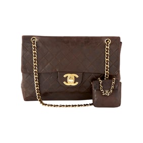 Chanel Vintage Brown Lambskin Leather Maxi Bag with Mini Bag